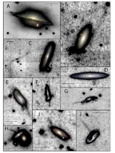 Examples of faint features in SDSS DR7 galaxy images after processing by Miskolczi et al.