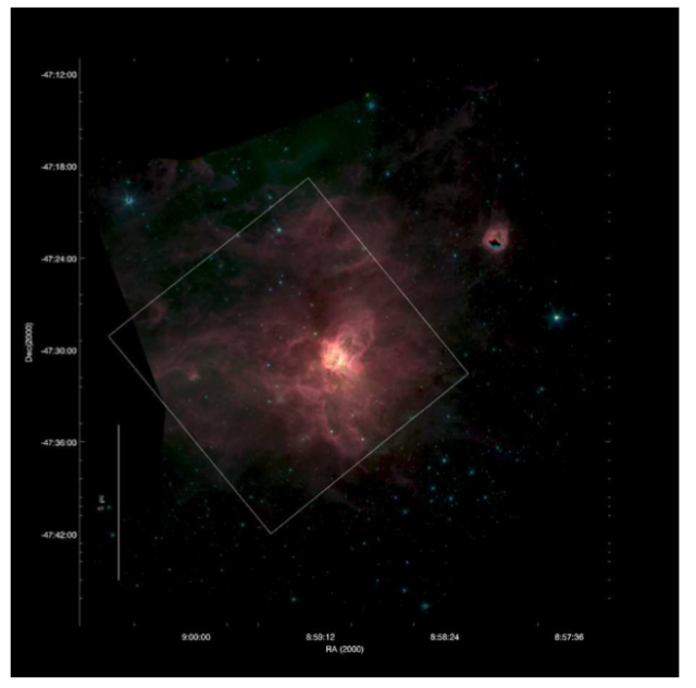 The RCW 38 region observed with IRAC on Spitzer. The plot shows a three-band false color image of the cluster, where the mosaic at each wavelength was created from the four epochs of data combined using the Montage mosaicing software. The field shows the overlap region of the four IRAC bands. Blue is 3.6μm, green is 4.5μm, and red is 8.0μm. The reddish hue at 8.0μm is due mainly to diffuse PAH emission. Emission from shocked hydrogen is visible in green. The outline of the Chandra ACIS-I field of view is overlaid as a white square.